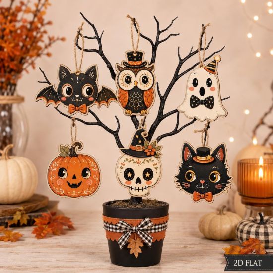 Picture of Halloween Wooden Hanging Ornaments Set, Cute Ghost Owl Decor, Black Cat Bat Pumpkin Skull Wood Tree Ornament, Fall Farmhouse Decor Halloween