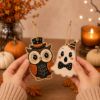 Picture of Halloween Wooden Hanging Ornaments Set, Cute Ghost Owl Decor, Black Cat Bat Pumpkin Skull Wood Tree Ornament, Fall Farmhouse Decor Halloween