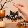 Picture of Halloween Wooden Hanging Ornaments Set, Cute Ghost Owl Decor, Black Cat Bat Pumpkin Skull Wood Tree Ornament, Fall Farmhouse Decor Halloween