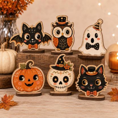 Picture of Vintage Cute Halloween Wooden Table Decor, Owl Witch Shelf Sitter, Halloween Tiered Tray Decor, Fall Wood Sign, Spooky Cute Home Decoration