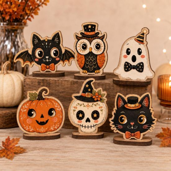 Picture of Vintage Cute Halloween Wooden Table Decor, Owl Witch Shelf Sitter, Halloween Tiered Tray Decor, Fall Wood Sign, Spooky Cute Home Decoration