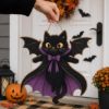 Picture of Halloween Black Cat Door Hanger, Vampire Cat Wood Sign, Cute Spooky Porch Decor, Halloween Door Decor, Fall Cat Wall Hanging Halloween Decor