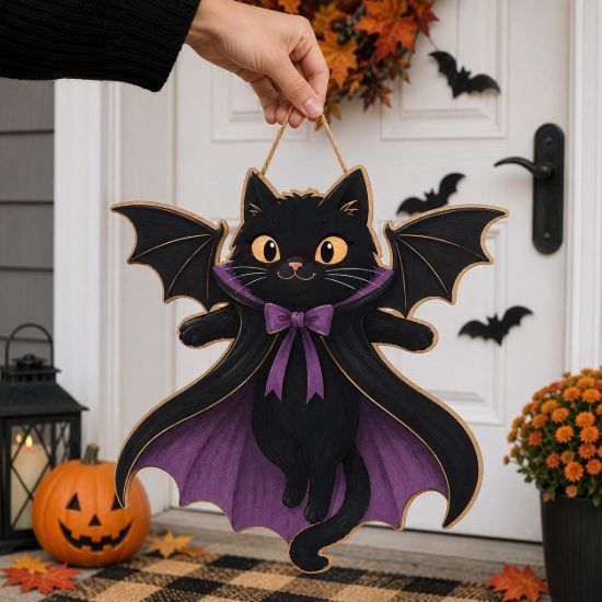 Picture of Halloween Black Cat Door Hanger, Vampire Cat Wood Sign, Cute Spooky Porch Decor, Halloween Door Decor, Fall Cat Wall Hanging Halloween Decor