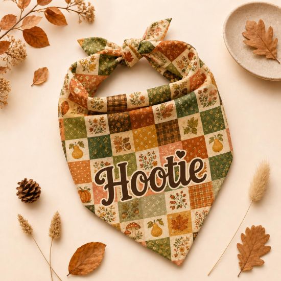 Picture of Personalized Fall Dog Bandana, Custom Pet Name Bandana, Autumn Patchwork Dog Scarf, Thanksgiving Pet Accessory, Pumpkin Leaf Dog Bandana