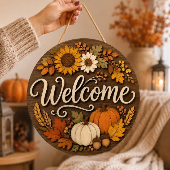 Picture of Fall Welcome Door Hanger, Personalized Autumn Wooden Door Sign, Pumpkin Sunflower Front Door Decor, Rustic Farmhouse Fall Porch Decor