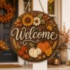 Picture of Fall Welcome Door Hanger, Personalized Autumn Wooden Door Sign, Pumpkin Sunflower Front Door Decor, Rustic Farmhouse Fall Porch Decor