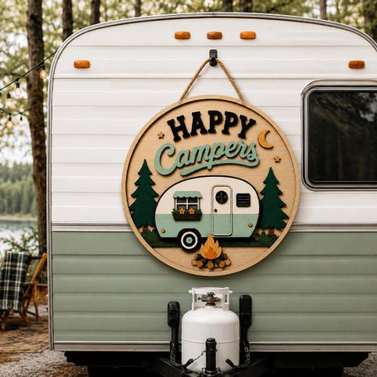 Picture of Personalized Happy Campers Wooden Door Hanger, Custom Camper Trailer Sign, Camping Decor, RV Family Door Sign, Outdoor Welcome Plaque Gift