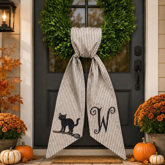 Picture of Personalized Halloween Wreath Sash Bow, Black Cat Wreath Bow, Custom Initial Door Hanger Bow, Halloween Fall Front Door Decor