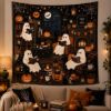 Picture of Halloween Ghost Reading Tapestry, Trick or Read Wall Hanging, Spooky Library Blanket, Halloween Book Lover Room Decor, Halloween Tapestry