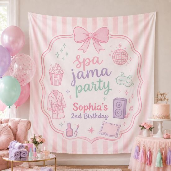 Picture of Personalized Spa Jam Party Birthday Tapestry, Spa Birthday Banner, Sleepover Party Backdrop, Girl Birthday Spa Party Decor Birthday Banner