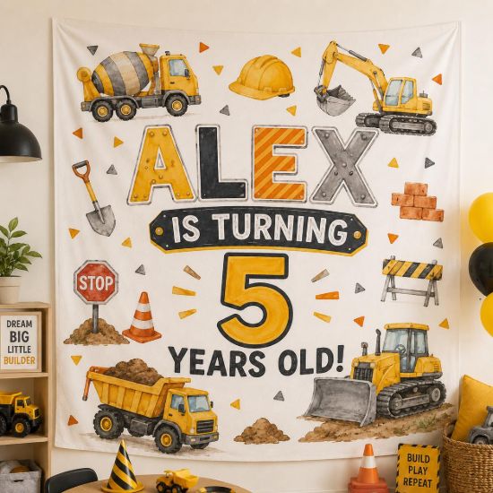 Picture of Personalized Construction Birthday Tapestry, Construction Party Banner, Custom Builder Birthday Backdrop, Dump Truck Birthday Decor Boy