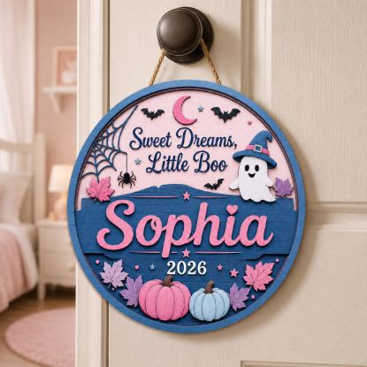 Picture of Personalized Halloween Nursery Door Sign, Sweet Dreams Little Boo Name Sign, Ghost Pumpkin Kids Room Door Hanger, Baby Halloween Decor