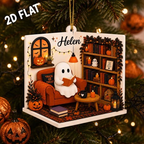 Picture of Personalized Ghost Reading Halloween Ornament, Custom Book Lover Halloween Decor, Spooky Bookshelf Acrylic Flat Christmas Ornament