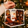 Picture of Personalized Ghost Reading Halloween Ornament, Custom Book Lover Halloween Decor, Spooky Bookshelf Acrylic Flat Christmas Ornament