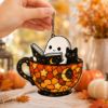 Picture of Ghost Cat Halloween Suncatcher, Stained Glass Coffee Cup Window Hanging, Cute Book Lover Halloween Decor, Spooky Acrylic Gift Halloween