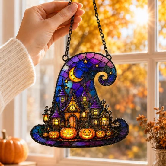 Picture of Halloween Witch Hat Suncatcher, Stained Glass Pumpkin Window Hanging, Spooky Witch House Decor, Gothic Halloween Gift Decor Home