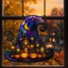 Picture of Halloween Witch Hat Suncatcher, Stained Glass Pumpkin Window Hanging, Spooky Witch House Decor, Gothic Halloween Gift Decor Home