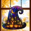 Picture of Halloween Witch Hat Suncatcher, Stained Glass Pumpkin Window Hanging, Spooky Witch House Decor, Gothic Halloween Gift Decor Home