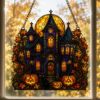 Picture of Halloween Haunted House Suncatcher, Stained Glass Pumpkin Window Hanging, Gothic Castle Acrylic Decor, Spooky Halloween Gift Decor Home