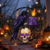 Picture of Halloween Raven Skull Suncatcher, Gothic Stained Glass Window Hanging, Crow Moon Candle Acrylic Decor, Spooky Halloween Gift Decor Home