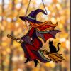 Picture of Halloween Witch Suncatcher, Stained Glass Witch on Broom Window Hanging, Black Cat Acrylic Decor, Gothic Halloween Gift for Her Decor Home