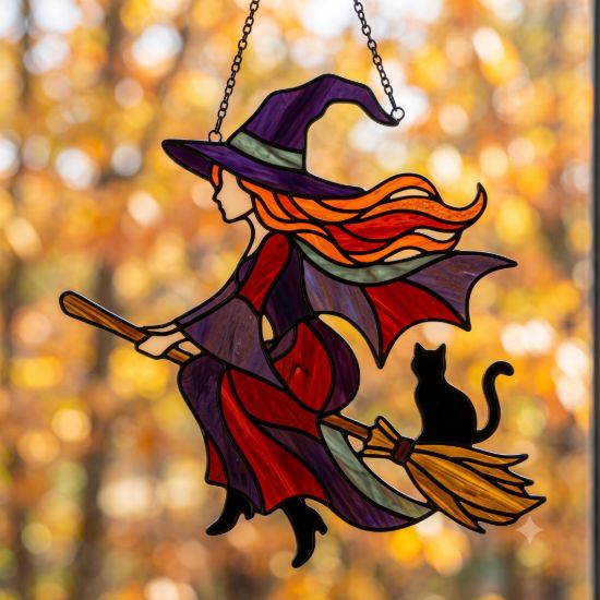 Picture of Halloween Witch Suncatcher, Stained Glass Witch on Broom Window Hanging, Black Cat Acrylic Decor, Gothic Halloween Gift for Her Decor Home
