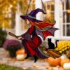 Picture of Halloween Witch Suncatcher, Stained Glass Witch on Broom Window Hanging, Black Cat Acrylic Decor, Gothic Halloween Gift for Her Decor Home