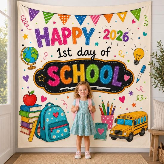 Picture of First Day of School Backdrop 2026, Colorful Back to School Tapestry, Classroom Photo Banner, Kindergarten School Picture Decor Class