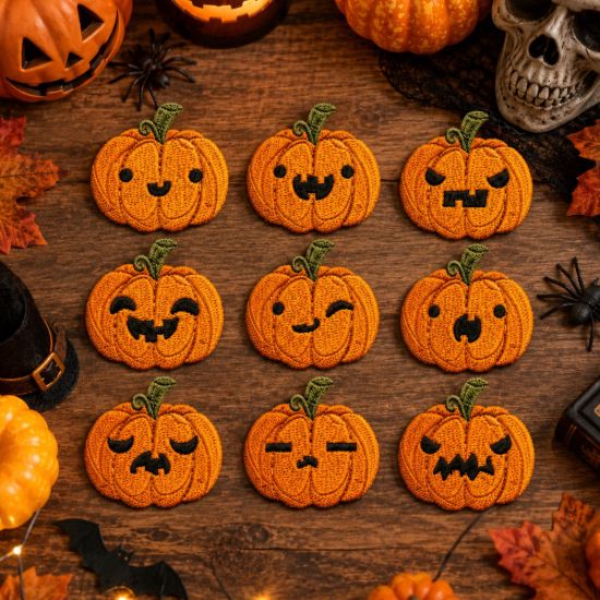 Picture of Cute Halloween Pumpkin Embroidered Patch | Iron On Sew On Jack O Lantern Patch | Spooky Applique for Jacket Hat Backpack