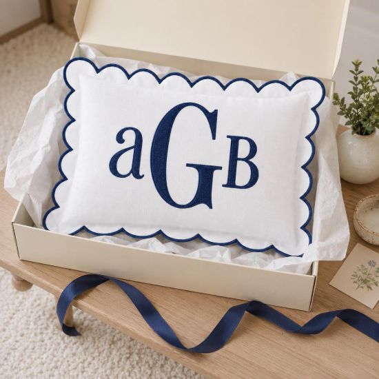 Picture of Personalized Monogram Pillow, Scalloped Embroidered Throw Pillow, Custom Initial Decor Cushion, Wedding Gift, Housewarming Monogram Pillow