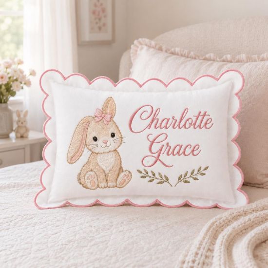 Picture of Personalized Bunny Name Pillow, Custom Baby Girl Nursery Pillow, Rabbit Keepsake Cushion, Baby Shower Gift, Scalloped Decorative Pillow
