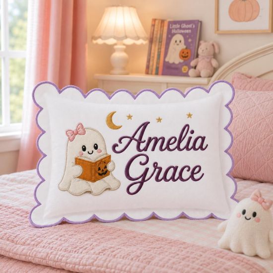 Picture of Personalized Halloween Ghost Reading Book Pillow, Custom Girl Name Pillow, Cute Spooky Nursery Decor, Baby Halloween Gift Reading Girl