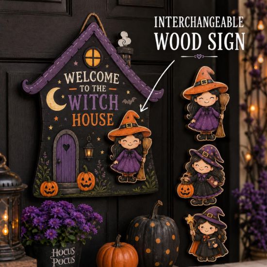 Picture of Interchangeable Witch House Wood Sign, Personalized Halloween Door Hanger, Custom Shape Welcome Sign, Seasonal Front Door Decor Halloween