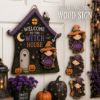 Picture of Interchangeable Witch House Wood Sign, Personalized Halloween Door Hanger, Custom Shape Welcome Sign, Seasonal Front Door Decor Halloween