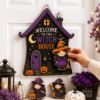 Picture of Interchangeable Witch House Wood Sign, Personalized Halloween Door Hanger, Custom Shape Welcome Sign, Seasonal Front Door Decor Halloween