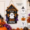 Picture of Interchangeable Halloween Ghost Wood Sign, Personalized Boo Crew Door Hanger, Custom Shape Welcome Sign, Front Door Fall Decor Halloween