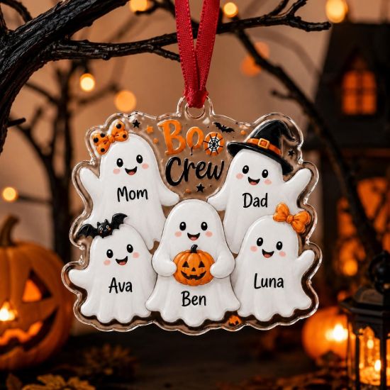Picture of Personalized Family Ghost Acrylic Ornament, Custom Halloween Boo Crew Ornament, Ghost Family Name Ornament, Halloween Keepsake Gift Hallo
