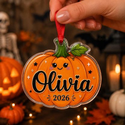 Picture of Personalized Pumpkin Acrylic Ornament, Custom Halloween Pumpkin Name Ornament, Cute Pumpkin Keepsake, Fall Decor Gift for Kids Family