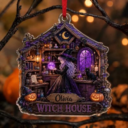 Picture of Personalized Witch House Ornament, Custom Name Halloween Ornament, Acrylic Witchy Decor, Black Cat Gift, Spooky Halloween Keepsake