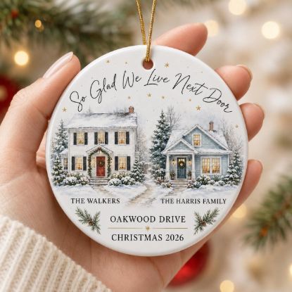 Picture of Personalized Neighbor Christmas Ornament, Custom Ceramic House Ornament, New Neighbor Gift, Family Names and Street, Christmas 2026 Neighbor