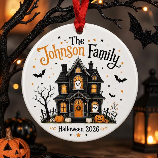 Picture of Personalized Family Halloween Ornament, Custom Haunted House Ceramic Ornament, Halloween Family Keepsake, Haunted House Halloween Decor