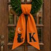 Picture of Personalized Halloween Wreath Sash Bow, Embroidered Black Cat Door Hanger Bow, Custom Wreath Bow, Fall Front Door Decor, Spooky Porch Decor