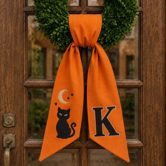 Picture of Personalized Halloween Wreath Sash Bow, Embroidered Black Cat Door Hanger Bow, Custom Wreath Bow, Fall Front Door Decor, Spooky Porch Decor