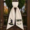 Picture of Personalized Halloween Wreath Sash Bow, Custom Name Wreath Bow, Embroidered Witch Hat Door Hanger, Fall Front Decor, Halloween Porch Decor