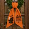 Picture of Personalized Haunted House Wreath Sash Bow, Custom Family Name Halloween Door Bow, Embroidered Haunted Home Wreath Sash, Spooky Door Decor