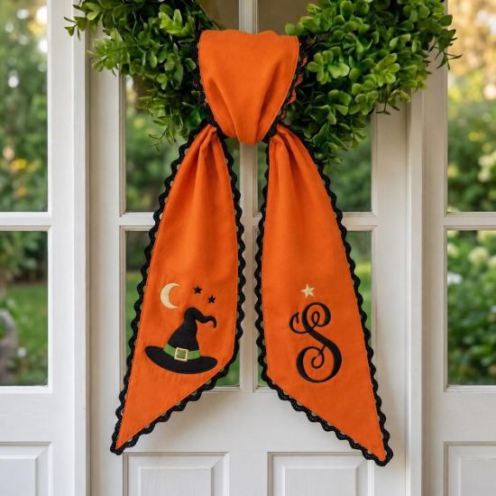 Picture of Personalized Halloween Wreath Sash Bow, Custom Monogram Witch Hat Wreath Bow, Embroidered Front Door Wreath Sash, Spooky Fall Porch Decor