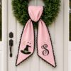 Picture of Personalized Halloween Wreath Sash Bow, Custom Monogram Witch Hat Wreath Bow, Embroidered Front Door Wreath Sash, Spooky Fall Porch Decor