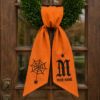 Picture of Personalized Halloween Wreath Sash Bow, Custom Gothic Monogram Wreath Bow, Embroidered Spider Web Door Hanger, Spooky Front Door Halloween