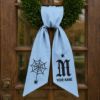Picture of Personalized Halloween Wreath Sash Bow, Custom Gothic Monogram Wreath Bow, Embroidered Spider Web Door Hanger, Spooky Front Door Halloween