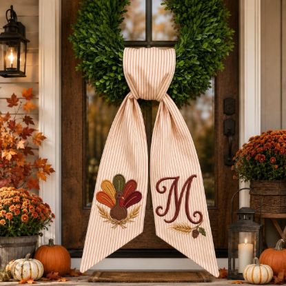 Picture of Personalized Turkey Wreath Bow, Embroidered Thanksgiving Door Bow, Custom Initial Fall Wreath Sash, Autumn Front Door Farmhouse Harvest